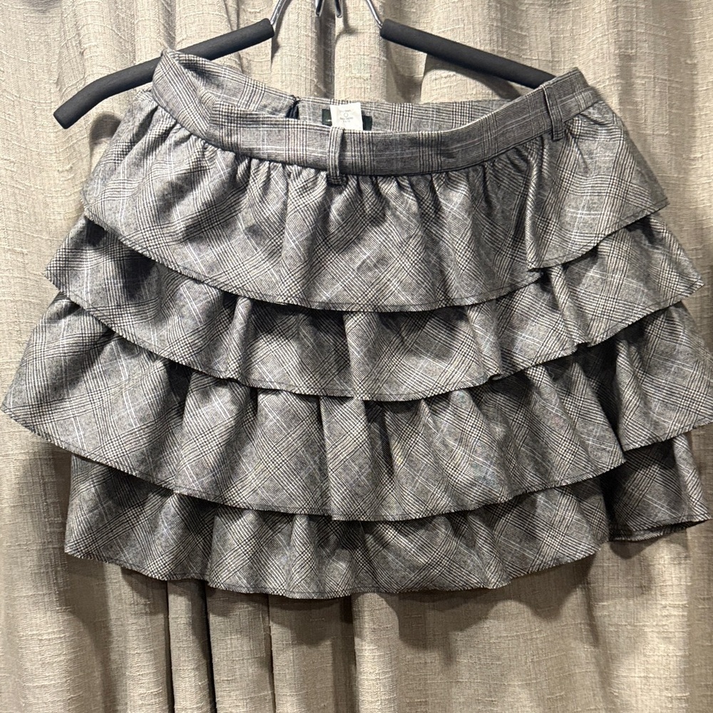 J. Crew Black and White Glen Plaid Wool Ruffled Tiered Mini Skirt 4 NWT